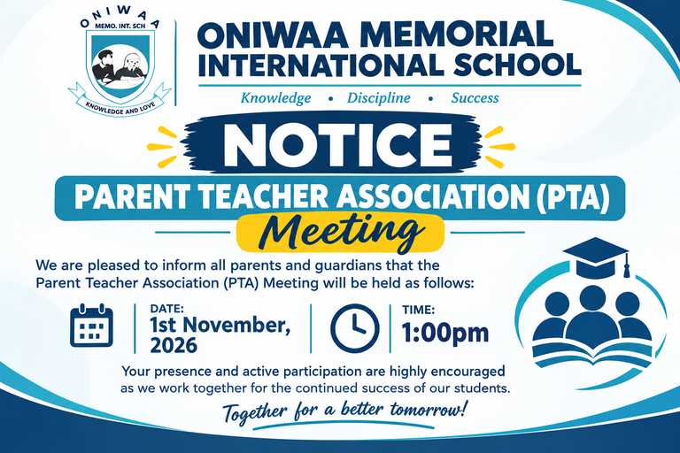 Notice for the ONIWAA Parent Teacher Association meeting on November 1, 2026 at 1:00 PM